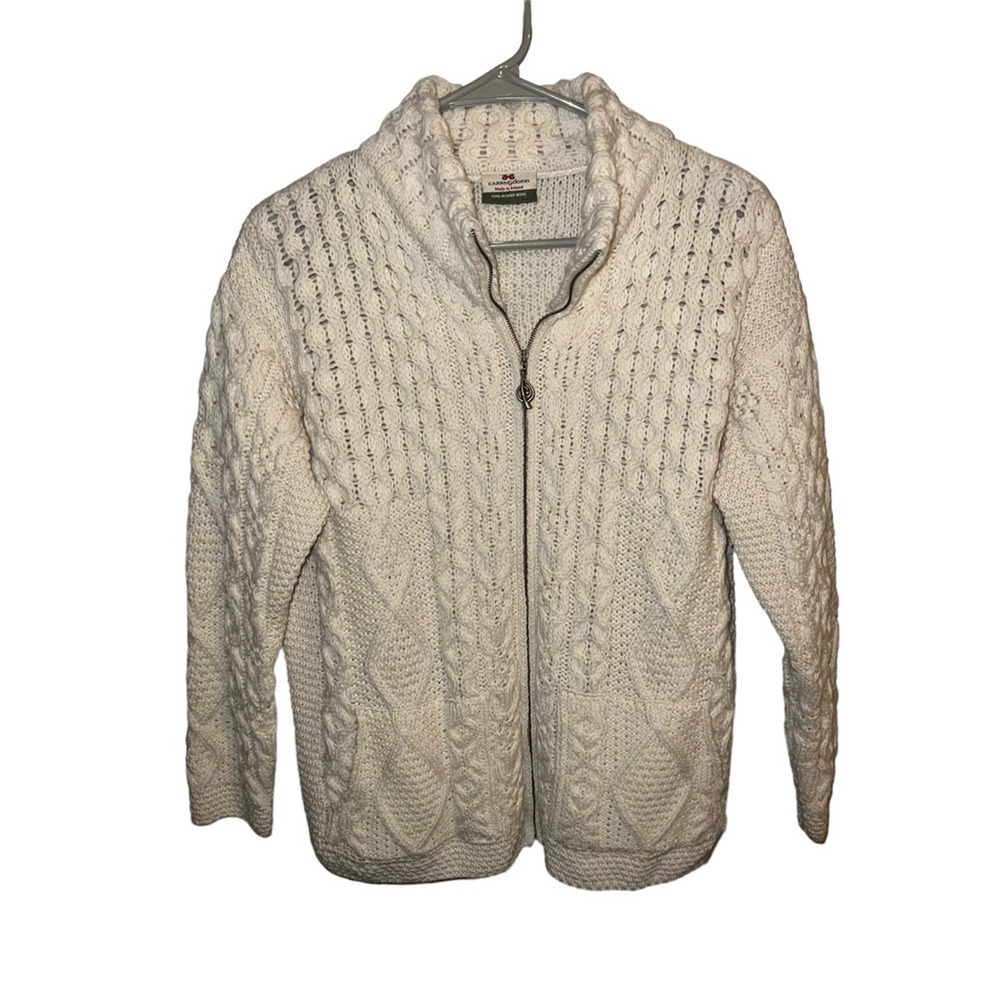 Carraig Donn Womens Cardigan Sweater Ivory 100% Wool Long Sleeve Mock Neck Zip L